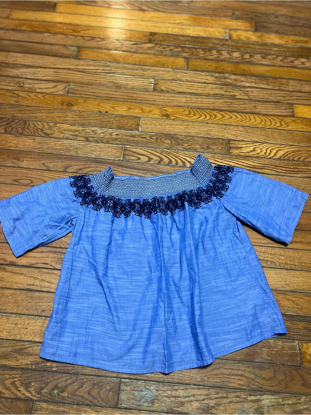 GAP Girls Blue Off-Shoulder Smocked Top with Navy Embroidery